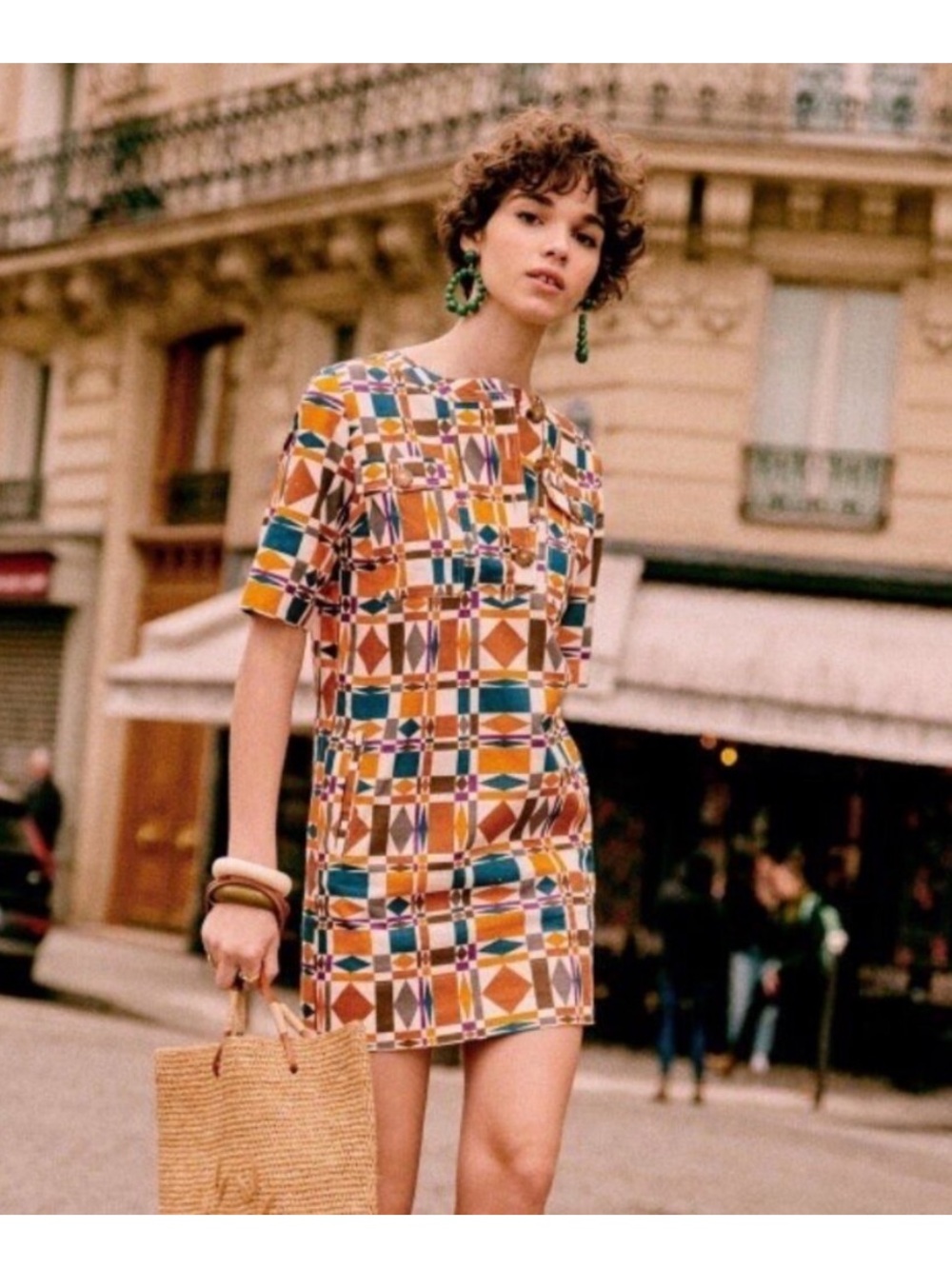 Sezane Lulu Dress - Geometric Print Shift Dress, 70s Ditsies